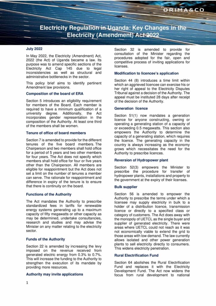 Electricity Regulation in Uganda Key Changes in the Electricity (Amendment) Act 2022 Orima