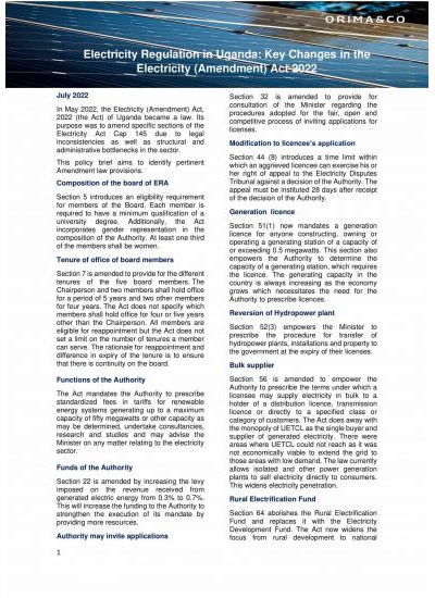 Electricity Regulation in Uganda: Key Changes in the  Electricity (Amendment) Act 2022